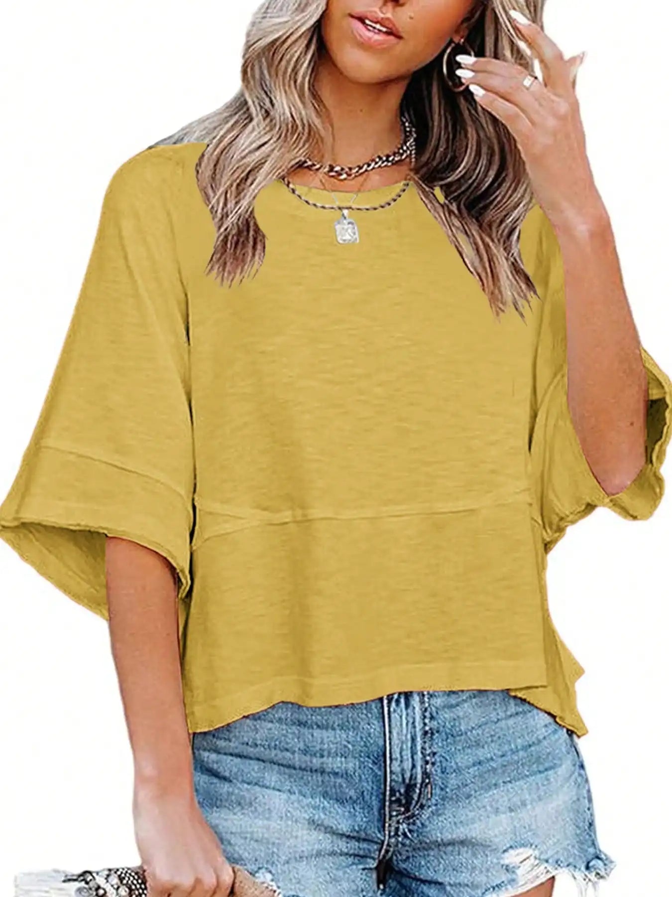 Women's Summer New Crewneck Batwing Half Sleeve Tops Solid Color Loose Fit Cute Flowy Tee Shirts Casual Dressy Cropped Blouse