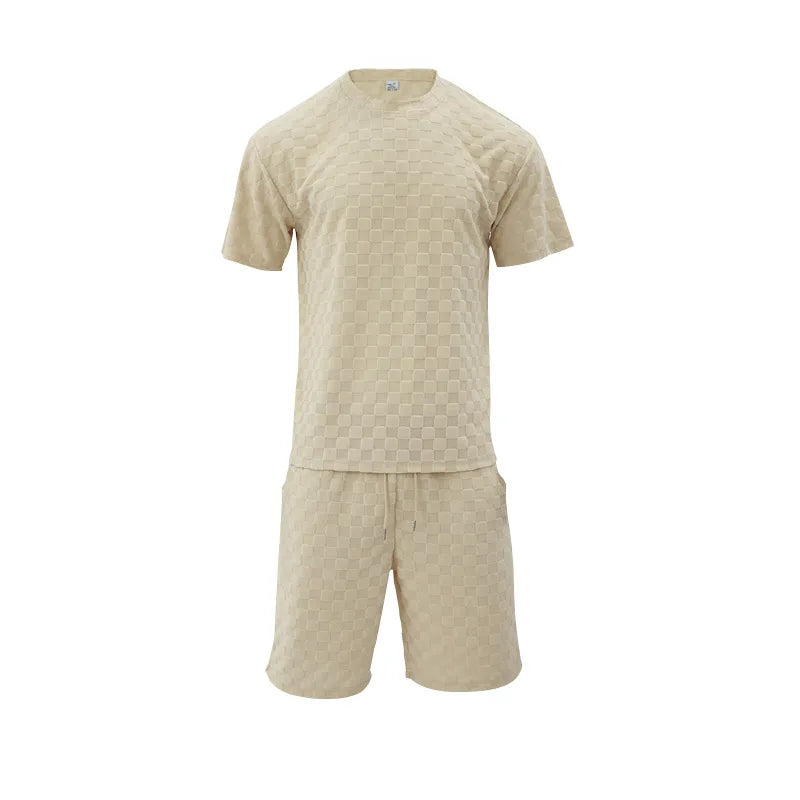 Men's Summer Checkered Loose Two-piece Sports Leisure Suit Short Sleeve T-shirt Shorts Casual Suit Plus Size Fashion Men's Suit