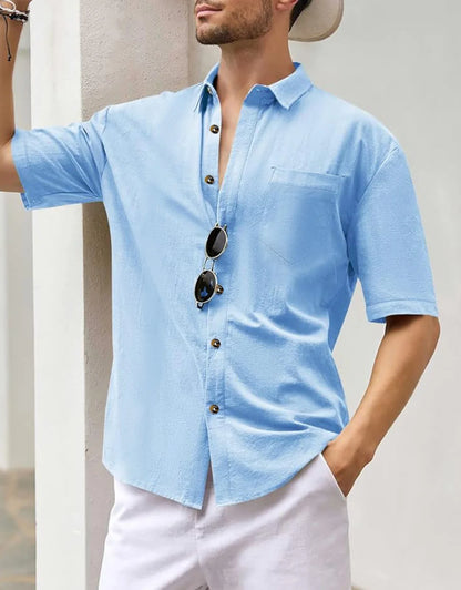 Men's Plus Size Short Sleeve Shirts Cotton Linen Henley Shirts Lightweight Vacation Collar Beach Shirts  Hawaiian T Shirt