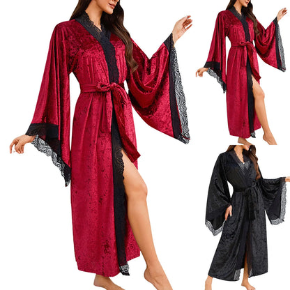 Women's Lace Velvet Bathrobe Breathable Nightgown Kimono Home Clothes Flare Sleeve Night Long Robe Female Sleepwear Homewear