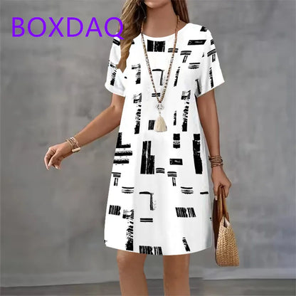 Geometric Stripe Printing Dress For Women Summer Sundress Loose Casual Short Sleeve O-Neck A-Line Dress Women Beach Mini Dresses