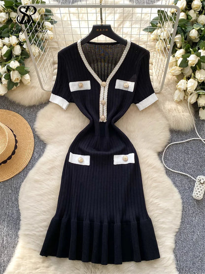SINGREINY French Vintage Elegant Dress Women V Neck Buttons Elastic Waist Slim Fit Sundress Patchwork Mermaid Bodycon Dress
