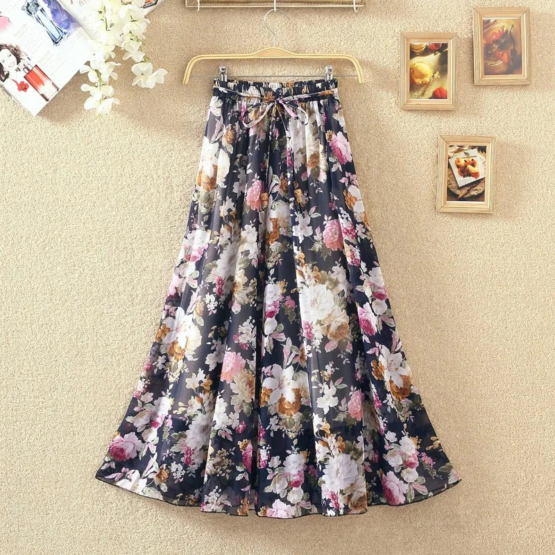 Elegant Chiffon Long Skirts For Women Autumn Casual Women's Floral Print Maxi Skirt Female High Waist Elastic A-Line Skirts
