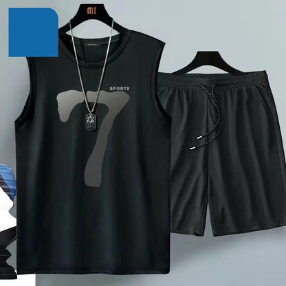 Summer men's clothing sleeveless basketball suit street casual sportwear 2 piece breathable short sleeve Tshirt + jogging shorts