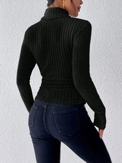 Autumn and winter high-neck solid color casual and elegant long-sleeved brushed pit knitted T-shirt top