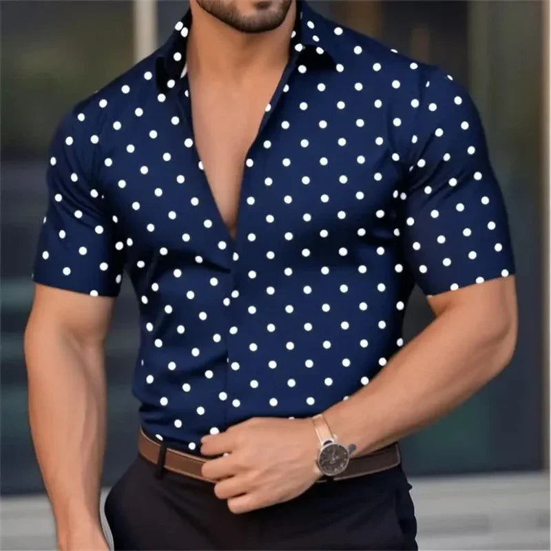 New Men's Short Sleeve Button Shirt Polka Dot Lapel Fashion Design Casual Lightweight Breathable Comfortable Outdoor Men Clothes