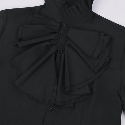 2026 Black&White Vintage Court-Style Stand Collar Ruffled Shirts for Men,Gothic Pleated Cuffs Glamorous Pirate-Style Men's Shirt