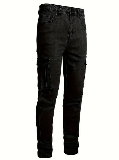 Men's workwear multi pocket jeans, casual street style straight leg denim pants
