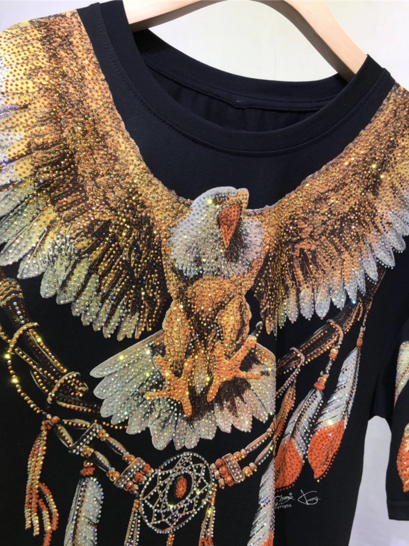 Plus Size Graphic Tees for Women Eagle Rhinestone Printed Tops Loose Fit T Shirts Short Sleeve Oversized Streetwear