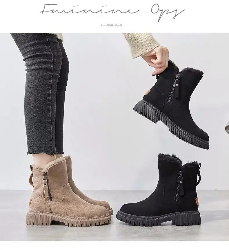 2026 New Winter Women's Snow Boots Trendy Mid Top Plush Thickened Warm Cotton Shoes Leather Wool Integrated Winter Women's Boots
