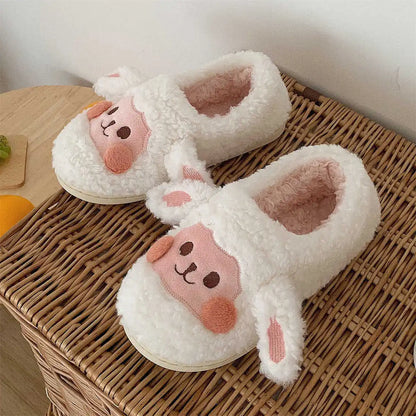 Gacimy Winter Warm Cotton Slippers For Women Comfortable Cute Dog Furry Shoes Couple Indoor Soft Platform Bedroom Plush Slippers