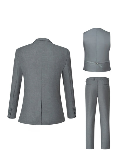3pcs Men's Classic Solid Color Suit Set Long Sleeve Blazer with Button Details Non-Stretch Fabric Regular Fit for All Seasons