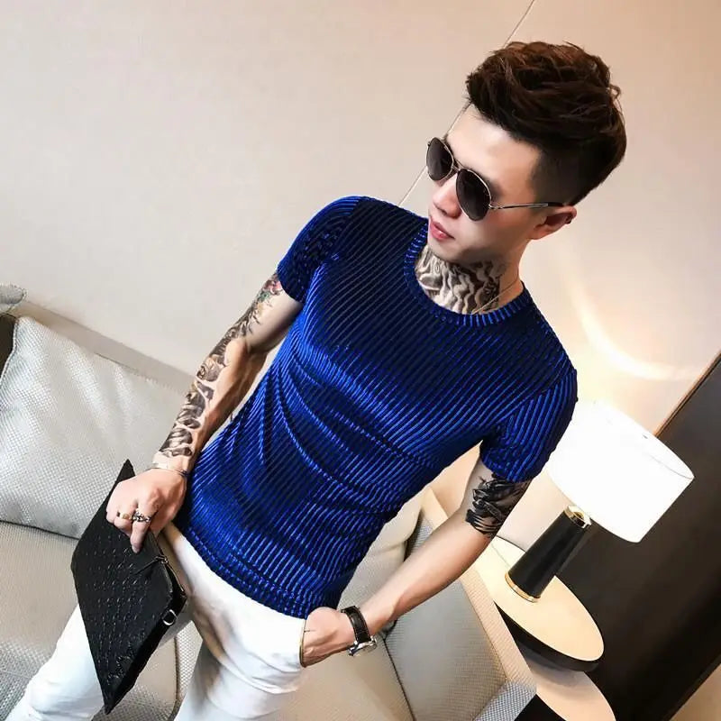 Fashion Men's Autumn Winter Luxury Clothing Heat Keep Warm Casual T-Shirt Mock Neck Tops Stripe Long Sleeve Gold Velvet T-Shirts