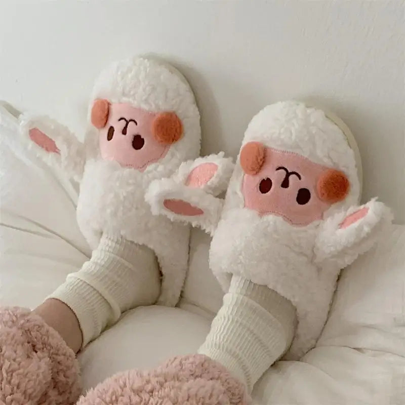 Gacimy Winter Warm Cotton Slippers For Women Comfortable Cute Dog Furry Shoes Couple Indoor Soft Platform Bedroom Plush Slippers