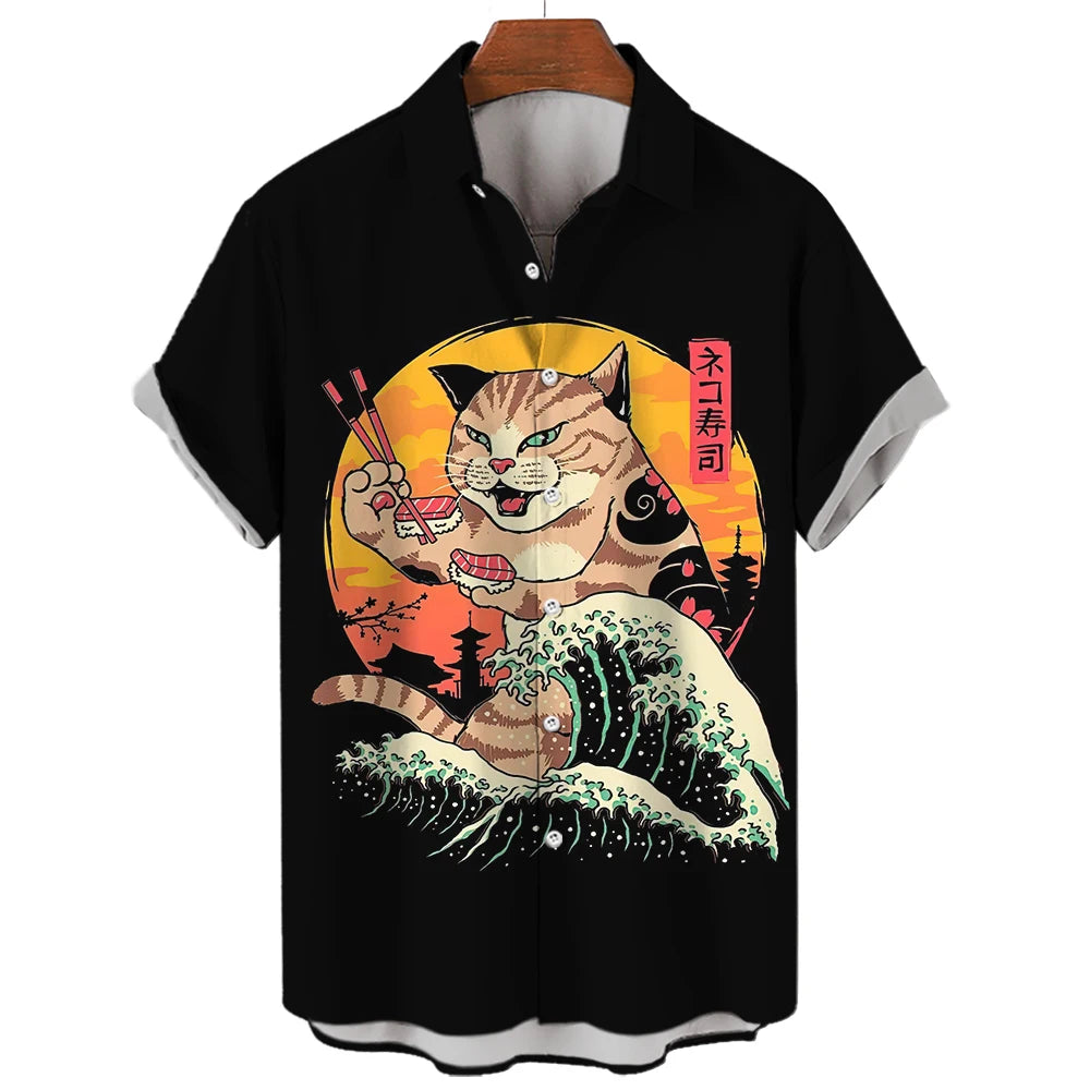 Casual Hawaiian Shirt Man Japanese Bushido 3d Pattern Shirt Men's Shirts Cartoon Animal Cat 3d Printing Men's Shirt Men Clothing