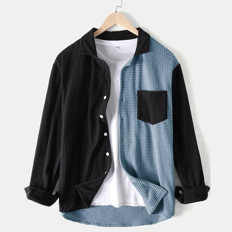 Autumn Men's Streetwear Patchwork Corduroy Long Sleeve Shirt Fashion Casual Turn Down Collar Luxury Shirts with Pocket Harajuku
