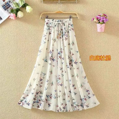 Elegant Chiffon Long Skirts For Women Autumn Casual Women's Floral Print Maxi Skirt Female High Waist Elastic A-Line Skirts