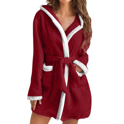 Women Coral Fleece Bathrobe Autumn And Winter Home Warm Sleepwear Casual Solid Color Matching Shower Robes Hooded Kimono Robe