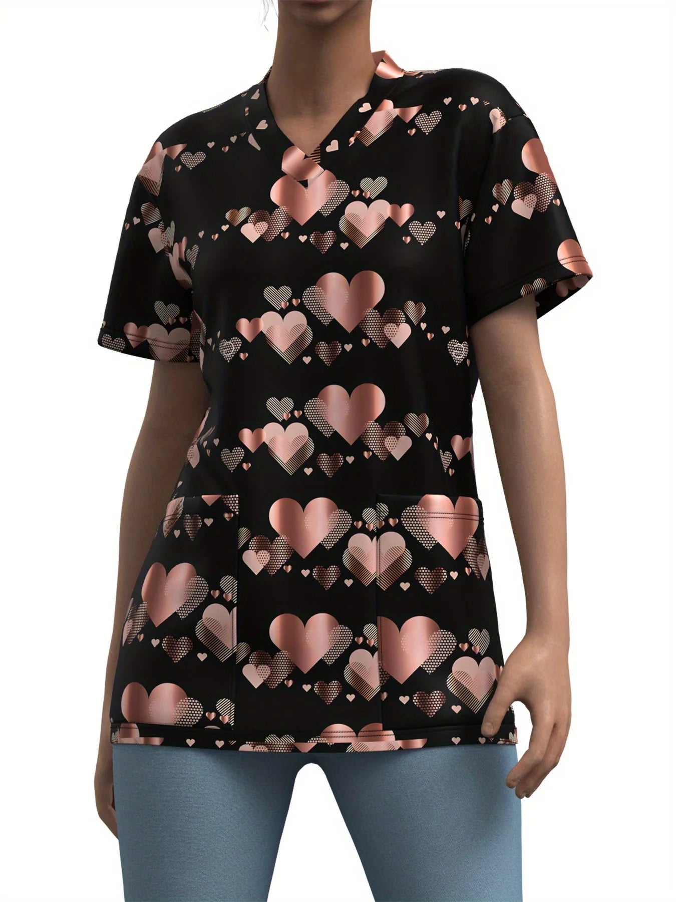 Nurse Uniform Woman Heart Bow Print Casual V Neck Health Care Medico Tops Micro-Elastic Short-SleeveClinical Uniform Clothing