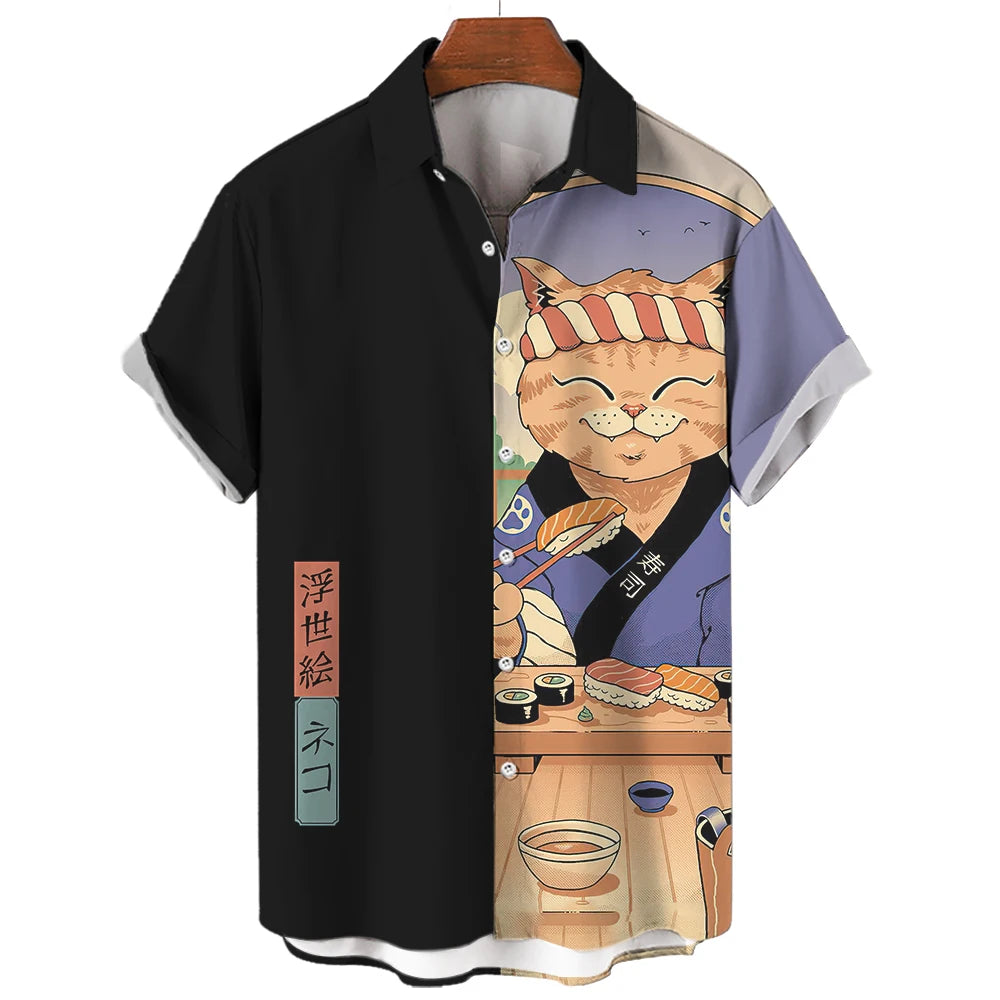 Casual Hawaiian Shirt Man Japanese Bushido 3d Pattern Shirt Men's Shirts Cartoon Animal Cat 3d Printing Men's Shirt Men Clothing