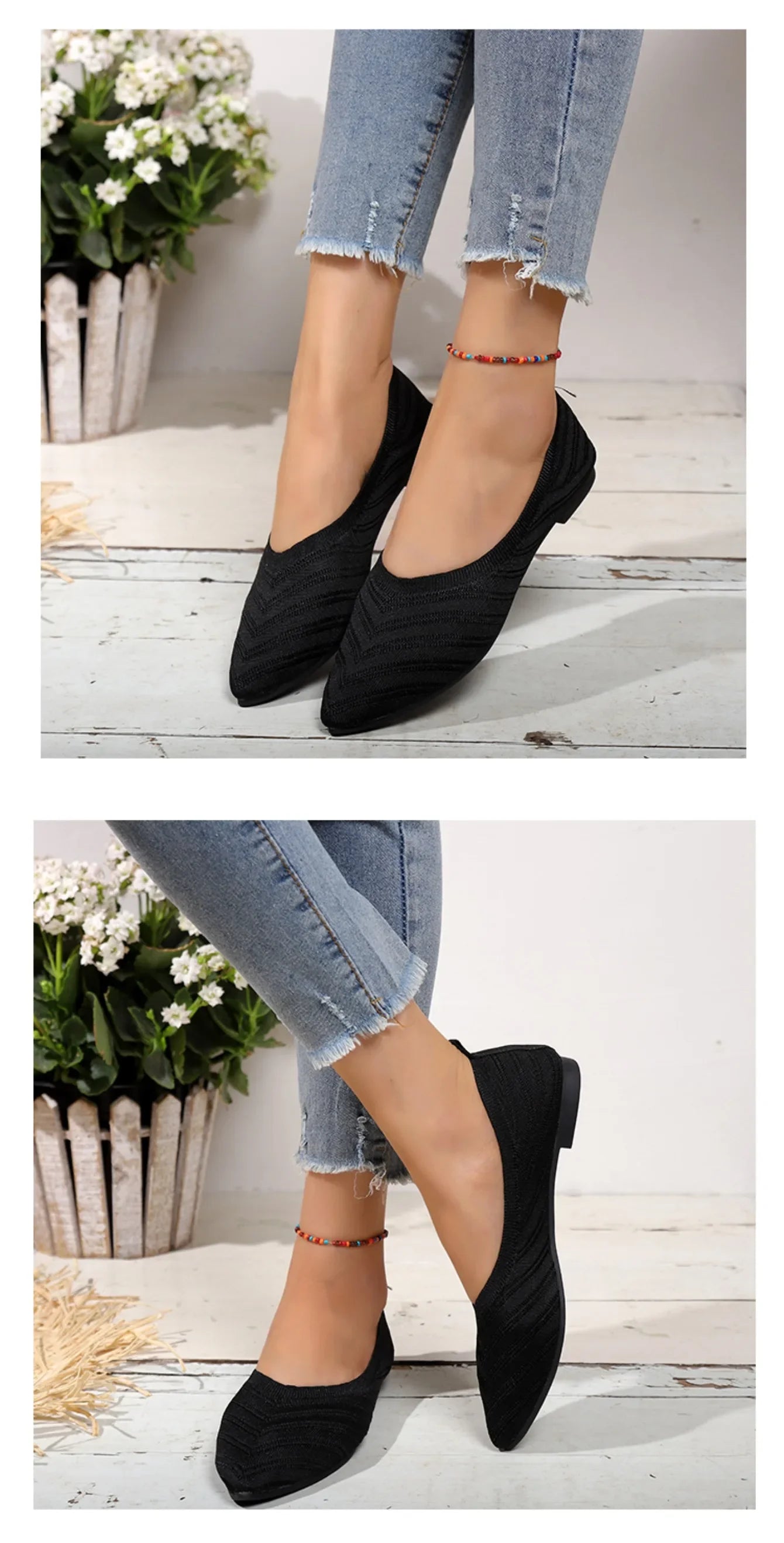 Women's Pointed Toe Flat Shoes Solid Color Knitted Slip on Shoes Casual Breathable Ballet Flats Women Flat Shoes  Loafers Women