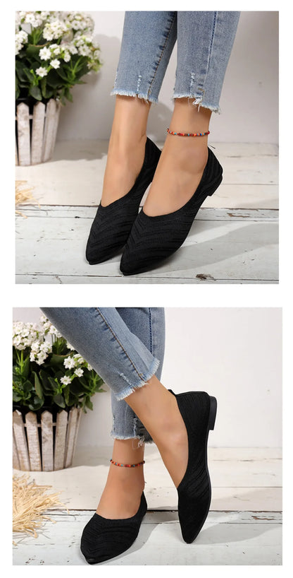 Women's Pointed Toe Flat Shoes Solid Color Knitted Slip on Shoes Casual Breathable Ballet Flats Women Flat Shoes  Loafers Women