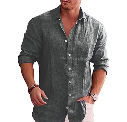 2025 new men's linen shirt loose plus size business casual long sleeved shirt breathable lapel quick drying plus size shirt