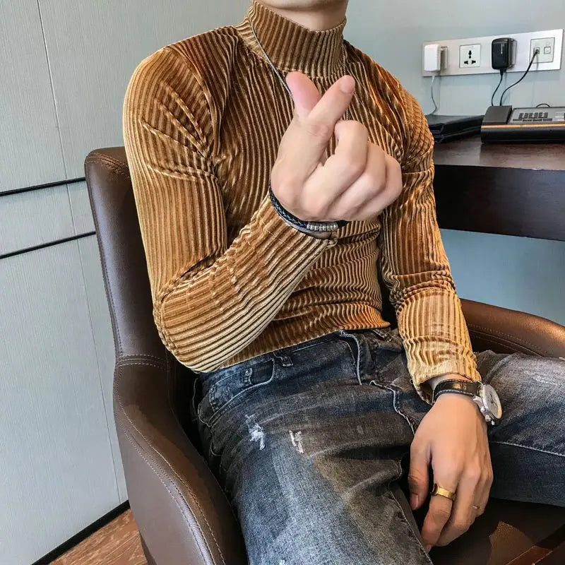 Fashion Men's Autumn Winter Luxury Clothing Heat Keep Warm Casual T-Shirt Mock Neck Tops Stripe Long Sleeve Gold Velvet T-Shirts