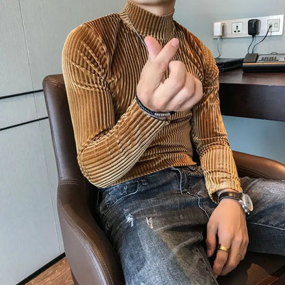 Fashion Men's Autumn Winter Luxury Clothing Heat Keep Warm Casual T-Shirt Mock Neck Tops Stripe Long Sleeve Gold Velvet T-Shirts
