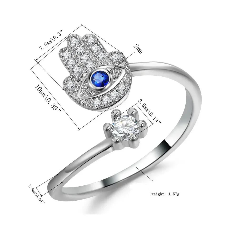 YILUOCD Hamsa Fatima's Hand Open Rings Turkish Blue Cubic Zircon Evil Eye Ring Protection Amulet Islamic Jewish Jewelry