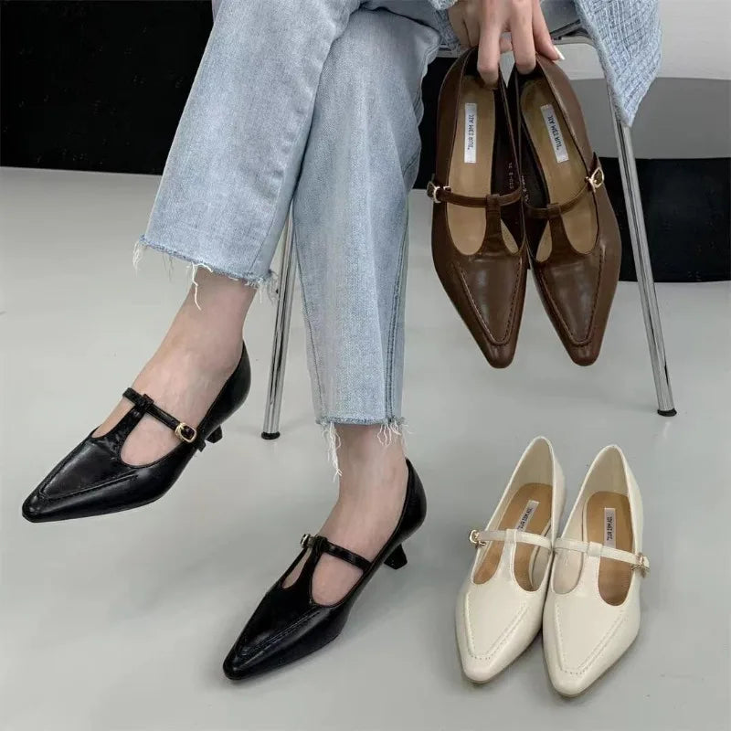 2026 Woman Fashion Pointed Toe Buckle Shoes Apricot Retro Kawaii Solid Female Shoes Flats Casual Shallow Mouth Mary Jane Shoes