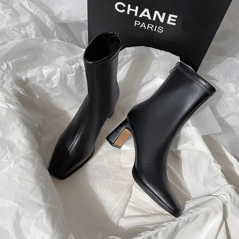 Square Ankle Boots Autumn Comfortable Soft Leather High Heel Boots Women's Fashion Zipper Simple Temperament Women's Shoes