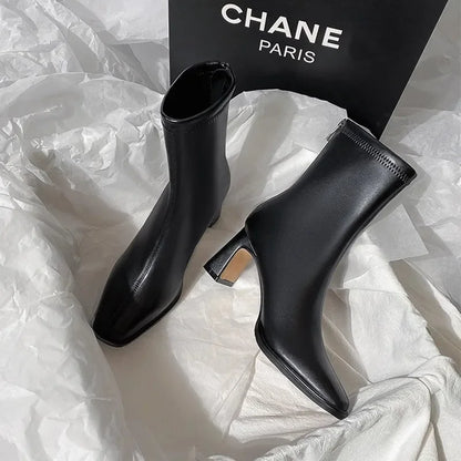Square Ankle Boots Autumn Comfortable Soft Leather High Heel Boots Women's Fashion Zipper Simple Temperament Women's Shoes