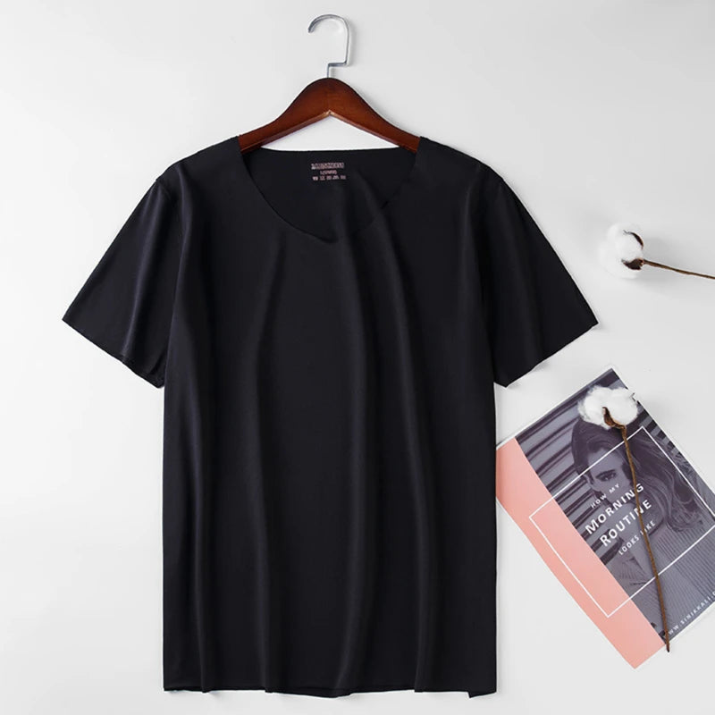 2024 Men's Thin Short Sleeve Without Summer Solid Color T shirt Trace Slim V-neck Bottoming Seamless short sleeve