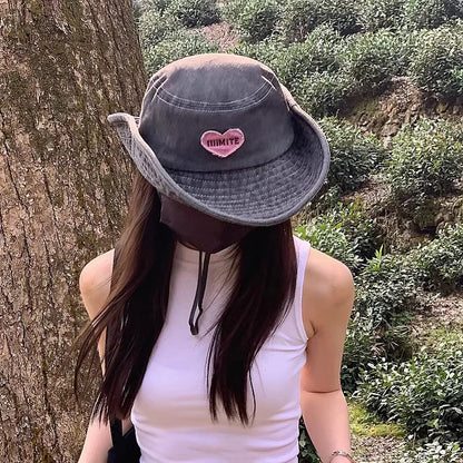 Stylish Unisex Fedora Hat with Heart Embroidery and Wide Brim Perfect for Outdoor Activities like Hiking and Camping