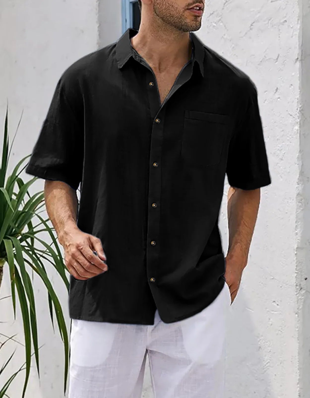 Men's Plus Size Short Sleeve Shirts Cotton Linen Henley Shirts Lightweight Vacation Collar Beach Shirts  Hawaiian T Shirt