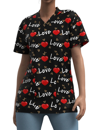 Nurse Uniform Woman Heart Bow Print Casual V Neck Health Care Medico Tops Micro-Elastic Short-SleeveClinical Uniform Clothing