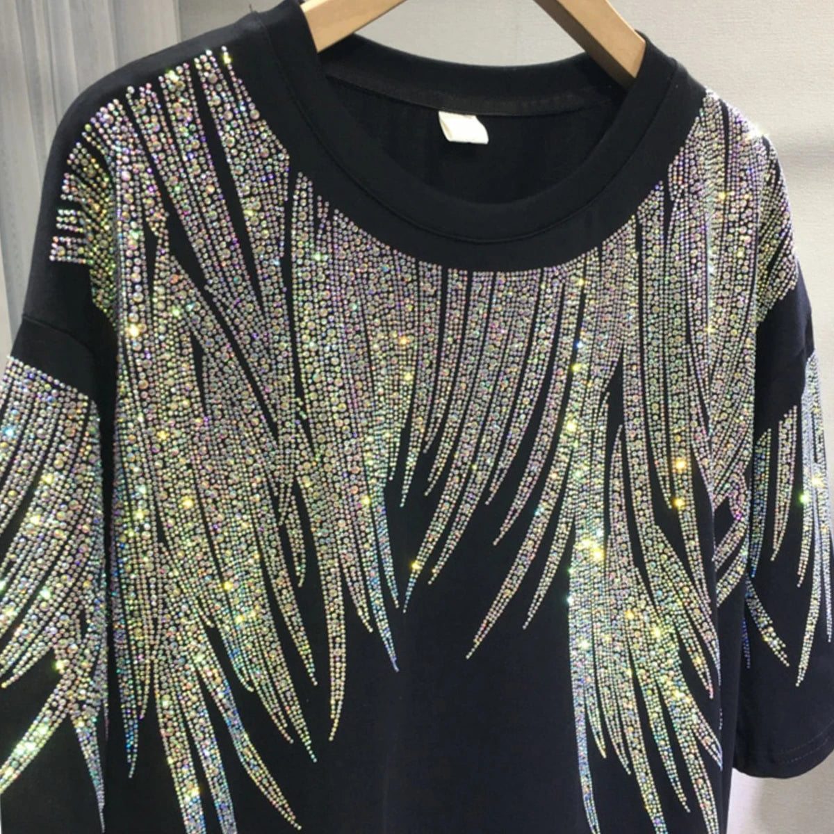 Plus Size Tops Short Sleeve Oversized Graphic Tees for Women Crew Neck Rhinestones T Shirts Loose Fit Sparkling Casual Party