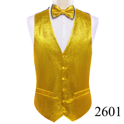 Mens Vest Gold Silver Black Red Pink Blue Green Yellow Solid Solid V-Neck Waistcoat Bowtie Set Barry Wang