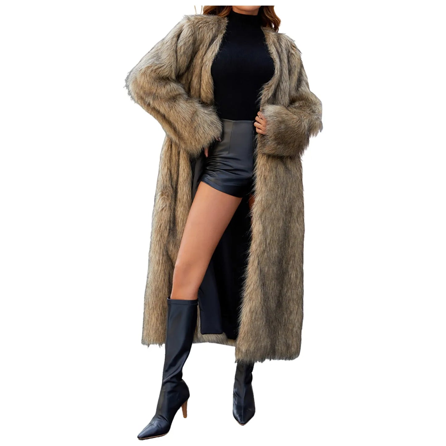 Winter Faux Fur Long Coat For Women Warm Plush Jackets Casual Open Front Long Sleeve Outerwear Elegant High End Ladies Windbreak