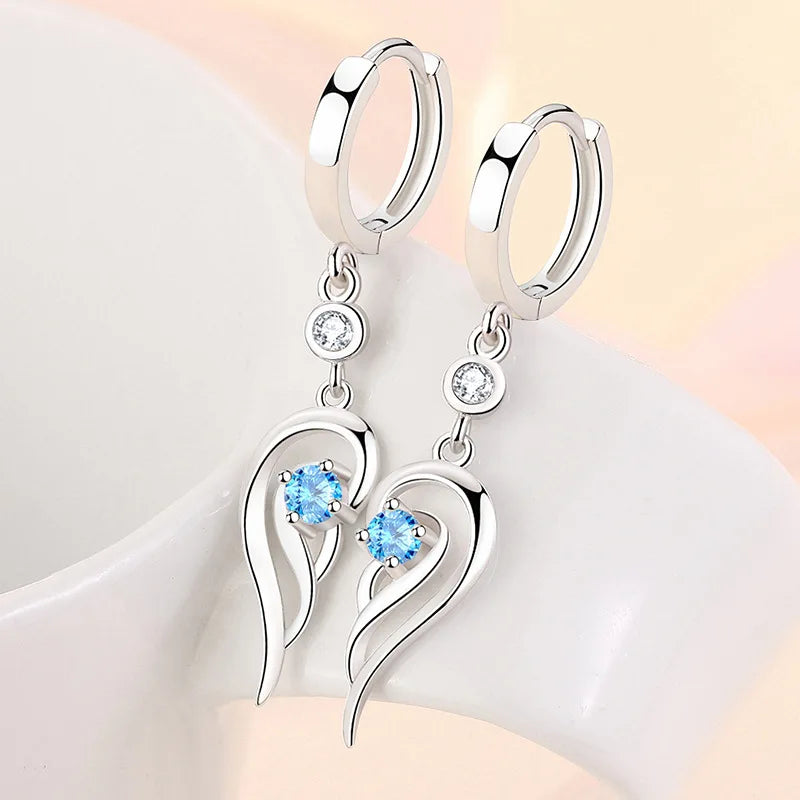 925 Sterling Silver Earrings Blue Crystal Zircon Angel Wing Earrings For Women Fashion Jewelry Gifts