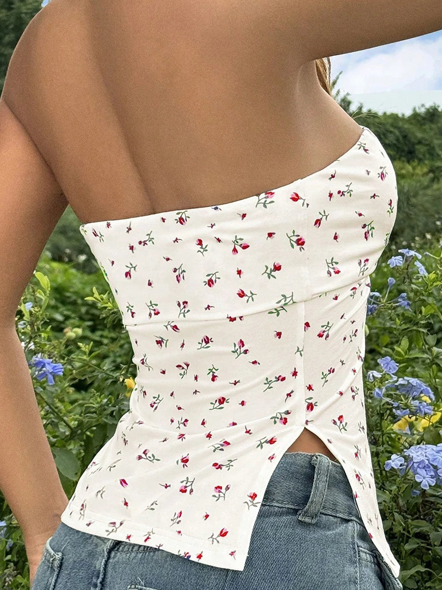 Women s Off Shoulder Ruffle Crop Tops Floral Print Strapless Tube Tops Sleeveless Bandeau Casual Shirts Summer Blouses