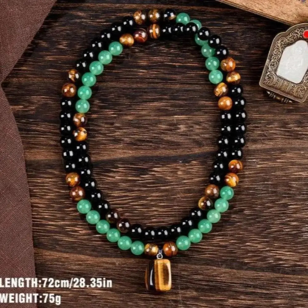 Tiger Eye Long Chain Necklace Bring Good Luck Green Aventurine Beaded Necklace Protection Beaded Long Chain Pendant Necklace