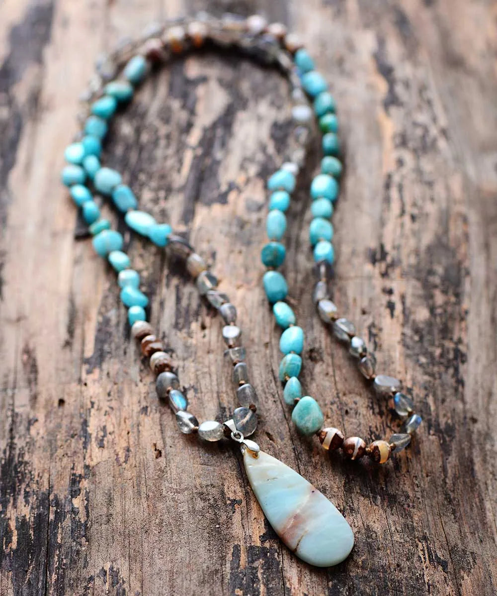 Women Necklace Random Shape Labradorite Onyx Amazonite Pendant Necklaces Lariat Beads Knotted Bohemia Neck Chain Dropship