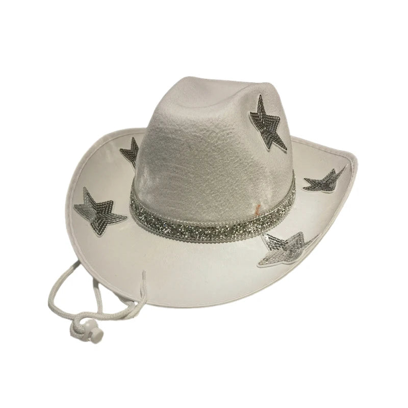 Women Glitter Cowboy Hat with Sequin Stars and Wide Brim Stylish Western Beach Hat for Wedding Carnival Rave Party and