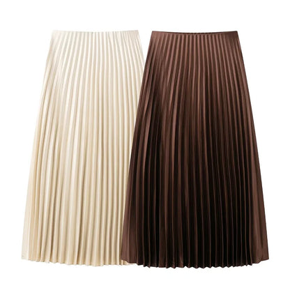 TRAF Elegant Party Midi Skirts 2025 Women's Spring Mid Waist Pleated Skirts Fashion Casual Vintage Beige Brown Long Skirts