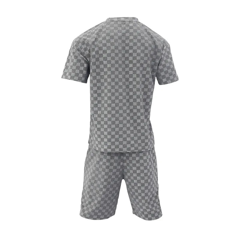 Men's Summer Checkered Loose Two-piece Sports Leisure Suit Short Sleeve T-shirt Shorts Casual Suit Plus Size Fashion Men's Suit