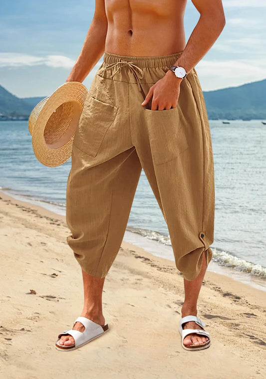 Men's Loose Cotton Linen Pants Large Size Drawstring 3/4 Shorts Casual Beach Pants Yoga Pants Lightweight Shorts