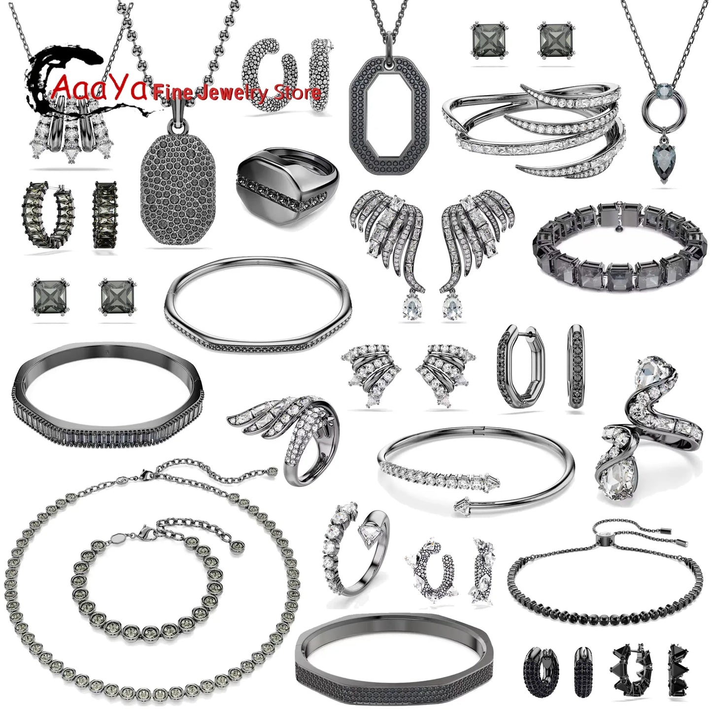 Original 2026 New Black Crystal Geometry Necklace Fine Jewelry Set Open Ring Necklace Earring Charms Black Jewelry for Women