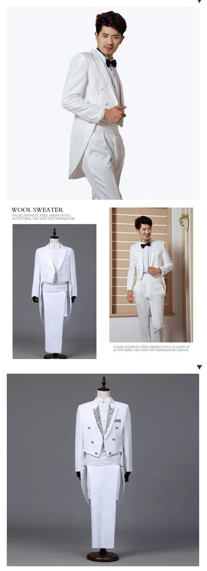 Men's Tuxedo Costume Vintage Formal Tailcoat Slim Fit Peak Lapel Suit Tux Pants Tail Coat Singer Magician Stage Jacket Outfits